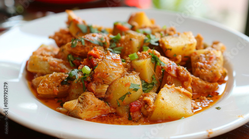 Traditional congolese chicken and potato stew with fresh herb garnish, presented on a white platter