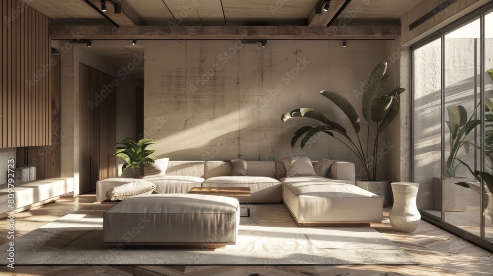 A living room with a white couch and a plant. The room is very clean and has a modern feel A living room with a white couch and a plant. The room is very clean and has a modern feel