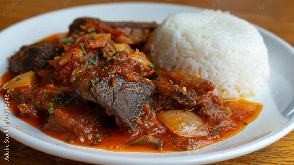 Traditional congolese goat stew with white rice, a delicious taste of congo's culinary heritage served on a plate