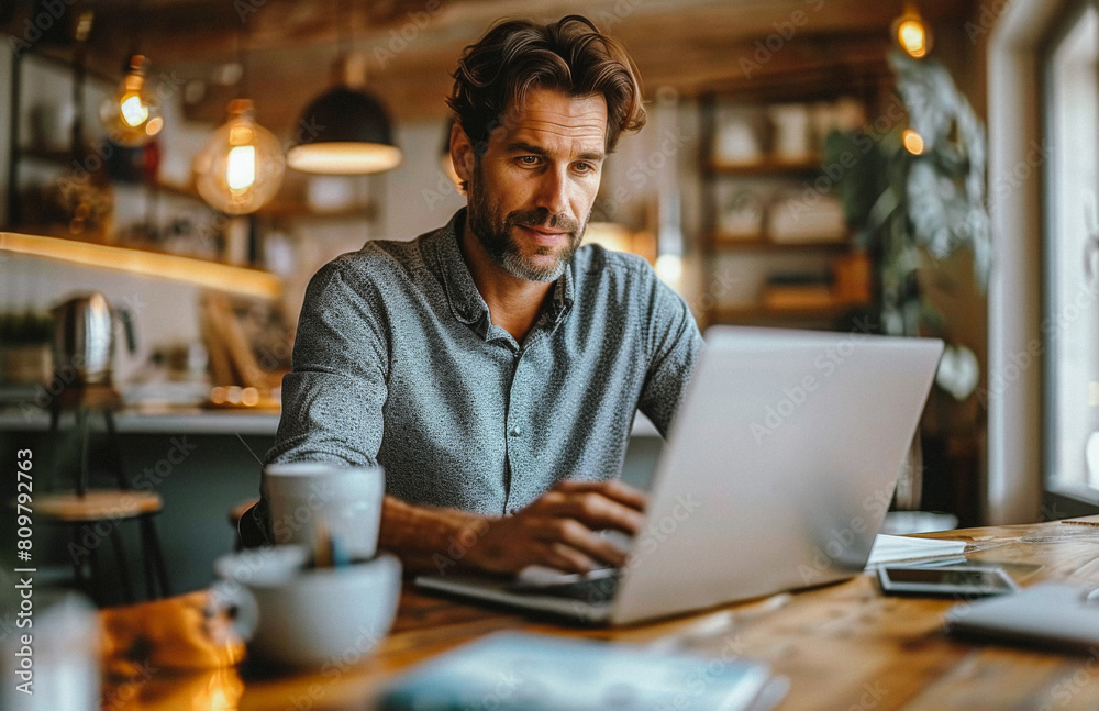 Man works on his laptop at table.