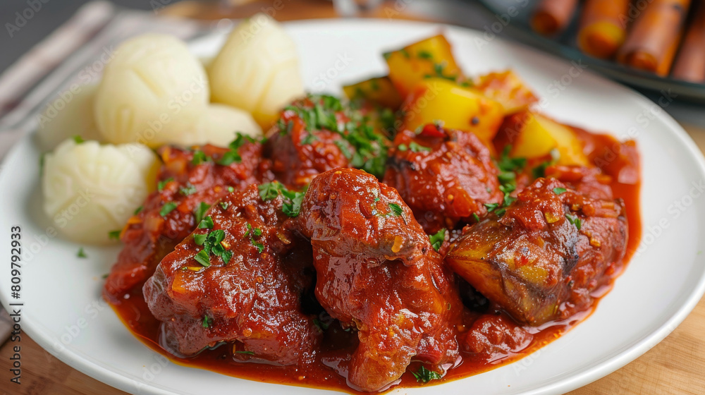Authentic congolese meat stew with savory tomato sauce, served alongside fufu and seasoned plantains, garnished with fresh parsley