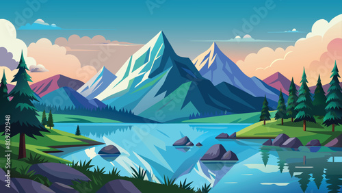 Pristine mountain lake view at sunset with vibrant reflections, vector cartoon illustration.
