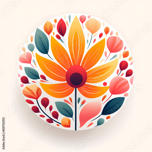 minimalist vector art, clean lines, circular icon, white background, beautiful flowers, vibrant colors.