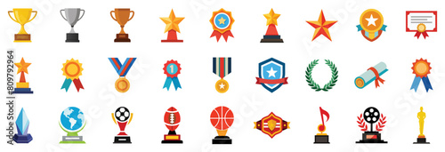 Awards Icons, vector flat cartoon illustration. Winner trophy - golden cup, medal, ribbon, laurel wreath, star badge, statue.