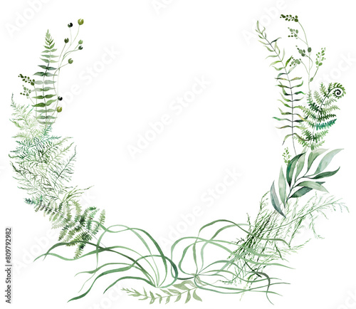 Round frame with Watercolor fern twigs with green leaves isolated illustration, botanical wedding