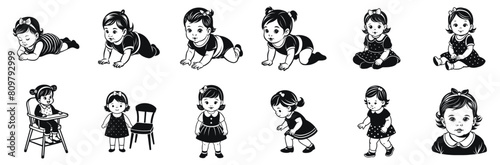 Baby girl development from infant to toddler vector illustration. Child growth stages hand drawn black on white background. Kid sitting, standing, crawling silhouette.