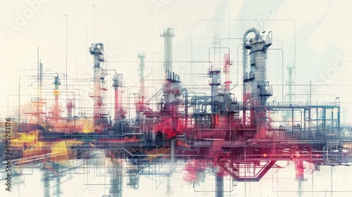 Abstract industrial background with a digitally enhanced oil refinery plant sketch, blending engineering and technology concepts. © kittikunfoto