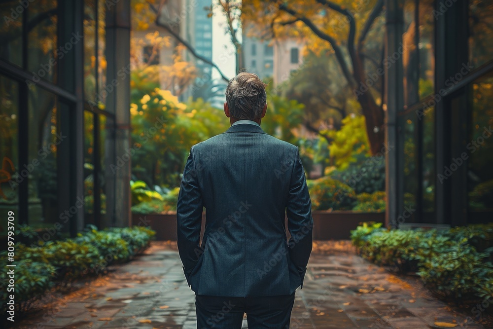 A solitary businessman seen from behind walking on a pathway surrounded by vibrant greenery in an urban park A solitary businessman seen from behind walking on a pathway surrounded by vibrant greenery in an urban park