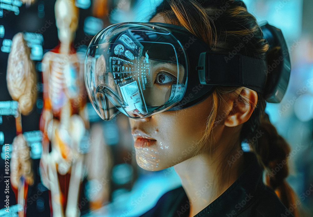 Young woman is wearing futuristic augmented reality headset and looking at holographic screen. Young woman is wearing futuristic augmented reality headset and looking at holographic screen.