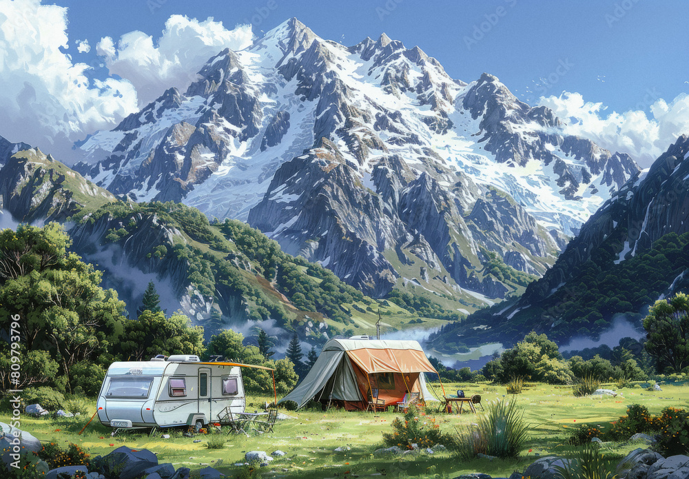 Caravan and tent in mountain landscape