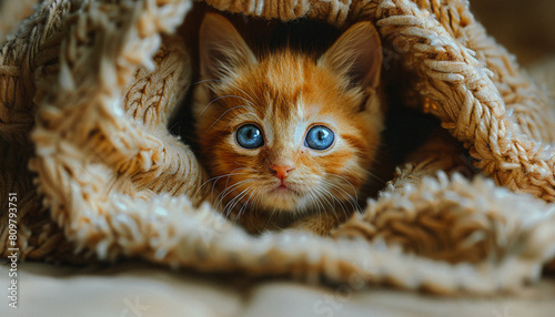 Cute red kitten peeks out from under knitted blanket