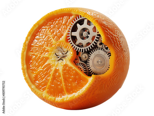 This image shows an orange with a clockwork mechanism inside