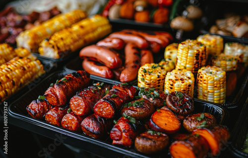 Grilled sausages and vegetables on tray