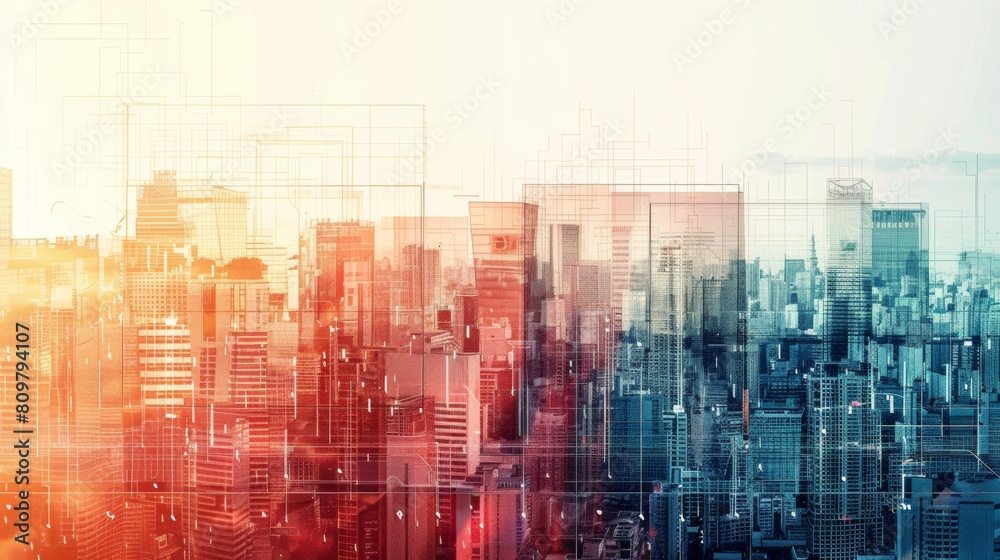 Double exposure of cityscape and technology interface, representing urban development and modern communication or smart city concept.