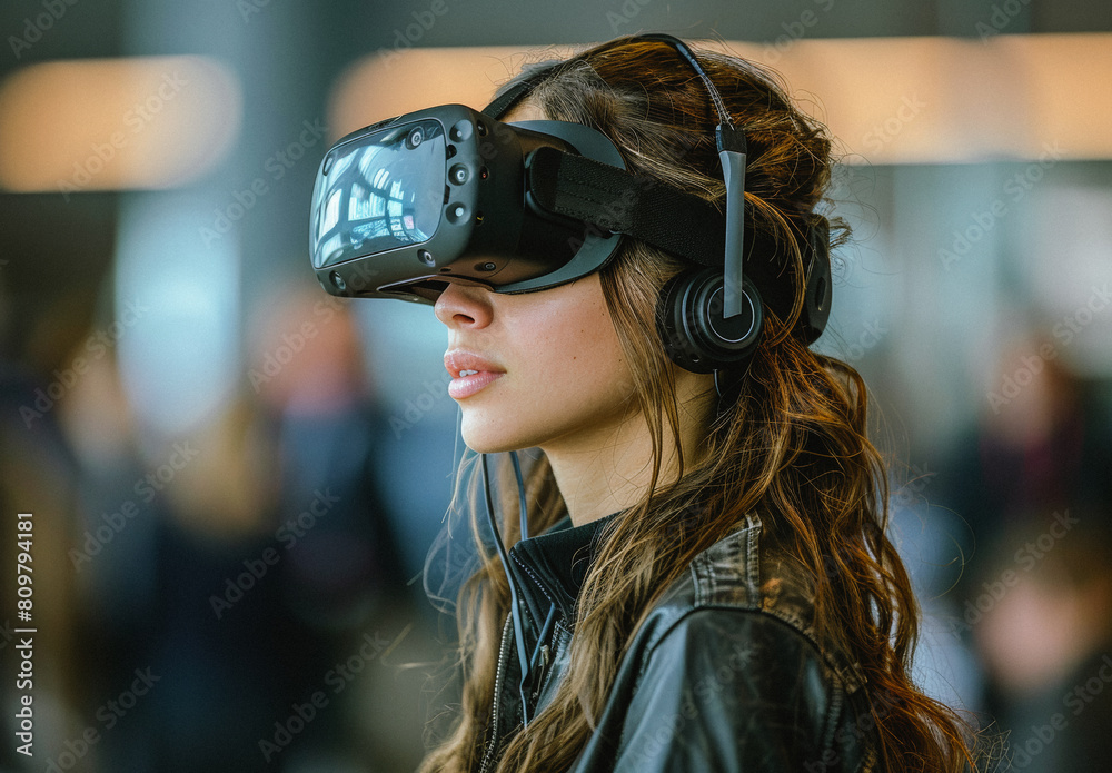 Young woman using the virtual reality headset