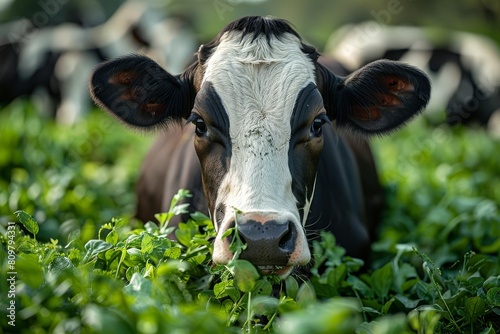 Striking photo of a black and white cow looking directly at the camera while grazing in a vibrant green field photo