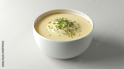 Spinning bowl of creamy soup against a blank background