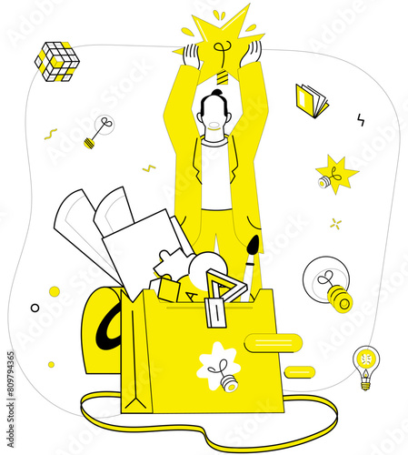 Creative solutions vector illustration. Thinking outside box is catalyst for innovative and uncommon ideas Uncommon intellect forms bedrock intelligent solutions in business arena Success blooms photo