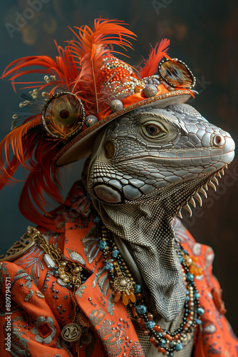 The Profile of A Lizard Dressed in Extravagant, Overly Ornate Attire Against A Single-Color Background