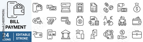 Bill And Payment line web icons. Money and Coins. Cash, Credit Cards, Money Bag, Containing banking, Investment, income, accounting, money, Finance. Editable stroke. © Ruslan Ivantsov