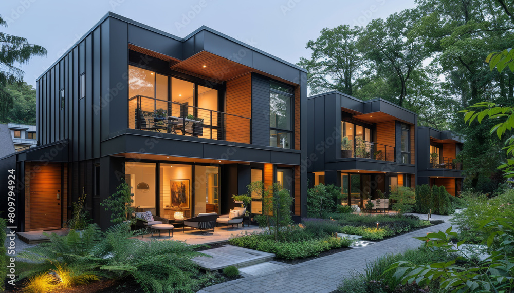 A large, modern house with a lot of glass windows and a black roof by AI generated image A large, modern house with a lot of glass windows and a black roof by AI generated image