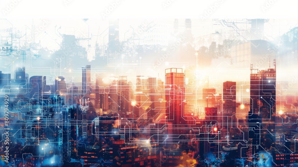 Abstract cityscape with digital network connections overlay, symbolizing smart city technology, urban development, and futuristic communication infrastructure. Abstract cityscape with digital network connections overlay, symbolizing smart city technology, urban development, and futuristic communication infrastructure.