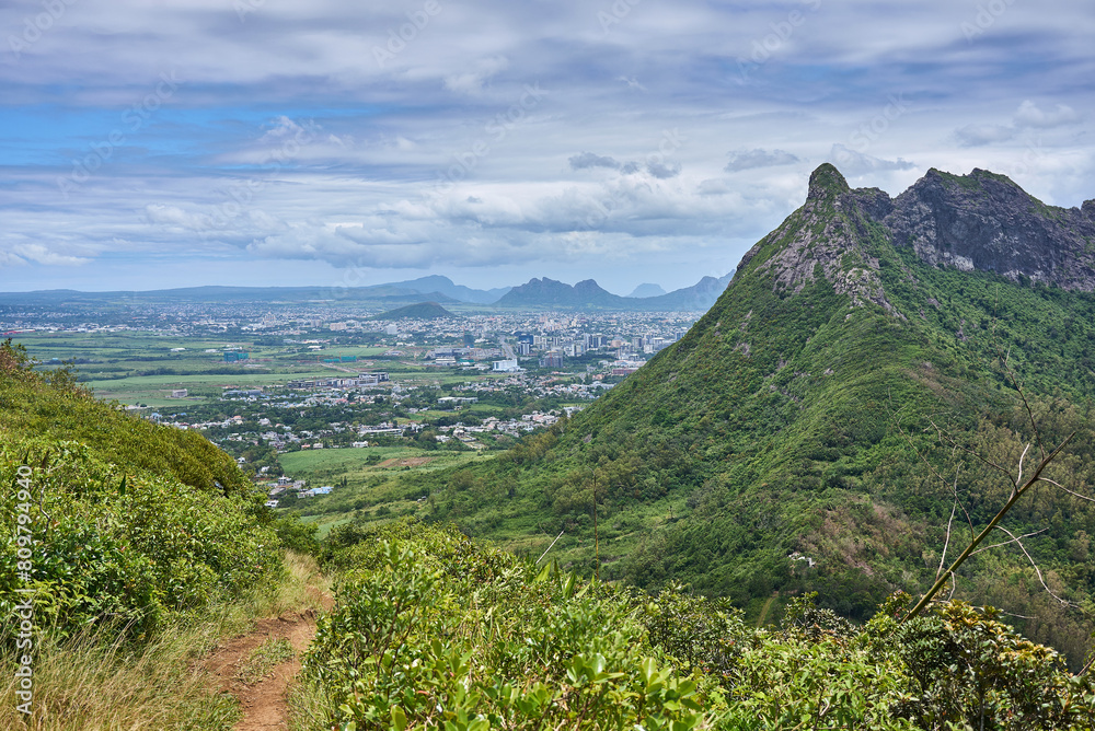 Aerial view of Mauritius island from the top of the mountain, Africa