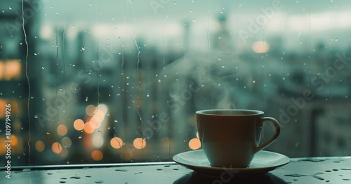 A hot cup of tea on the window sill overlooking the rainy city. Images are generated by AI