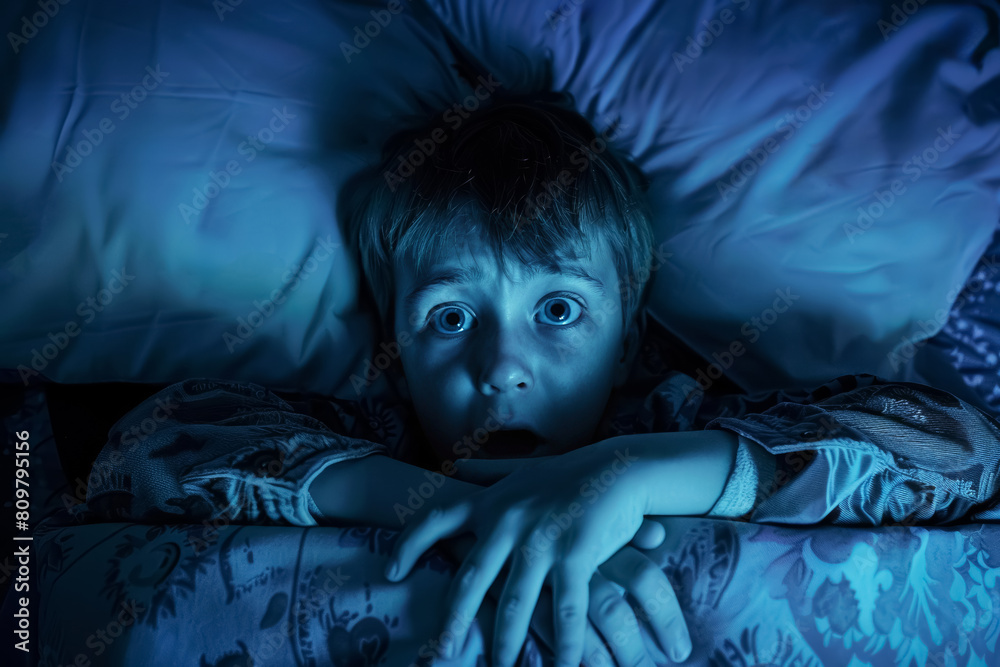 scared little boy in bed with open eyes because child afraid of the dark at night scared little boy in bed with open eyes because child afraid of the dark at night