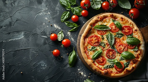 Scrumptious pizza with tomatoes and herbs isolated on a dark background and plenty of room for advertising, Generative AI.