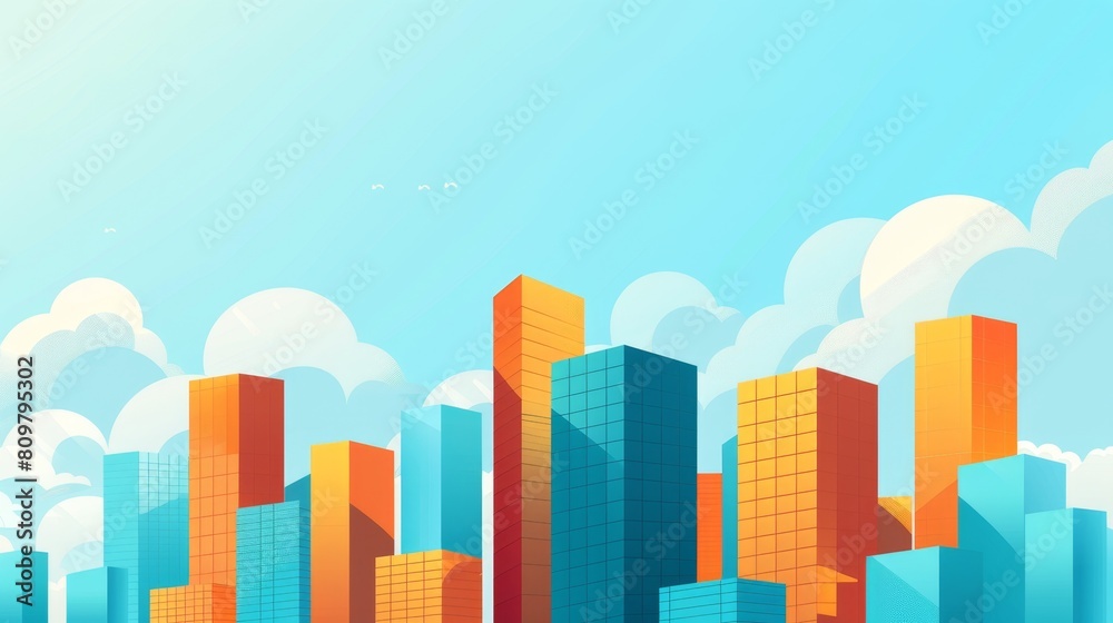 Vibrant Cityscape Illustration with Modern Skyscrapers and Clouds