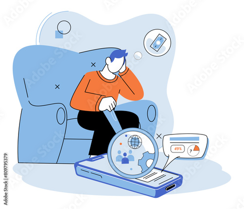 Market research. Vector illustration. Analyzing market trends helps businesses identify emerging opportunities Effective promotion strategies are based on thorough market research E-commerce