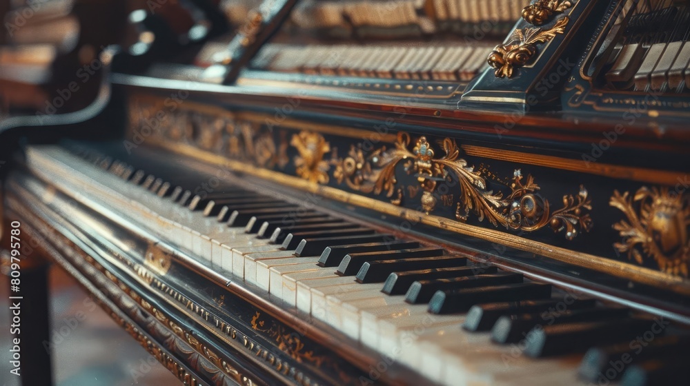 The delicate details of a harpsichord, displayed in magazine photography style, focusing on the keys and ornate decorations, capturing the essence of this timeless instrument The delicate details of a harpsichord, displayed in magazine photography style, focusing on the keys and ornate decorations, capturing the essence of this timeless instrument