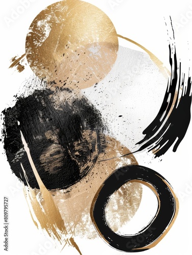 A modern artwork featuring bold black and gold colors with circular shapes creating a dynamic composition