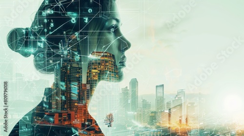 Digital composite of woman's silhouette with cityscape and futuristic interface elements representing artificial intelligence and urban technology concept.