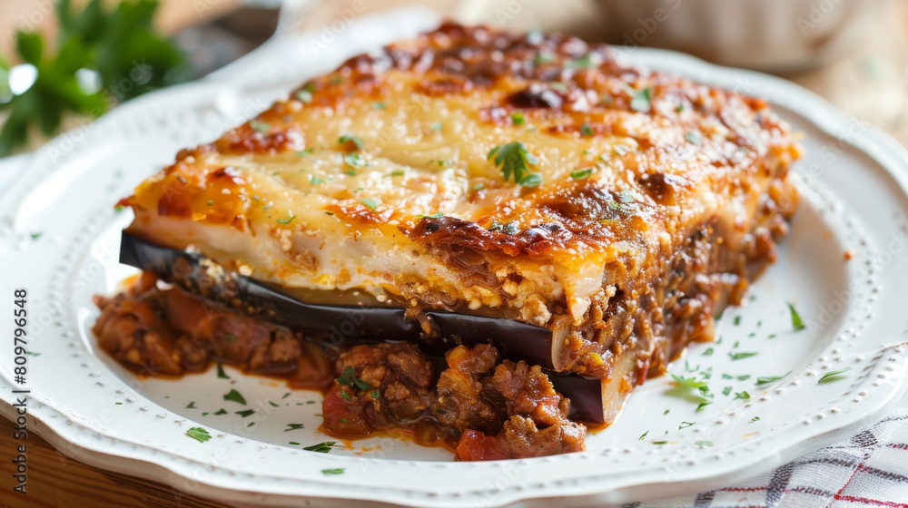 Traditional greek moussaka with layered eggplant, minced meat, béchamel sauce, and herbs on a vintage white plate, rustic wooden background