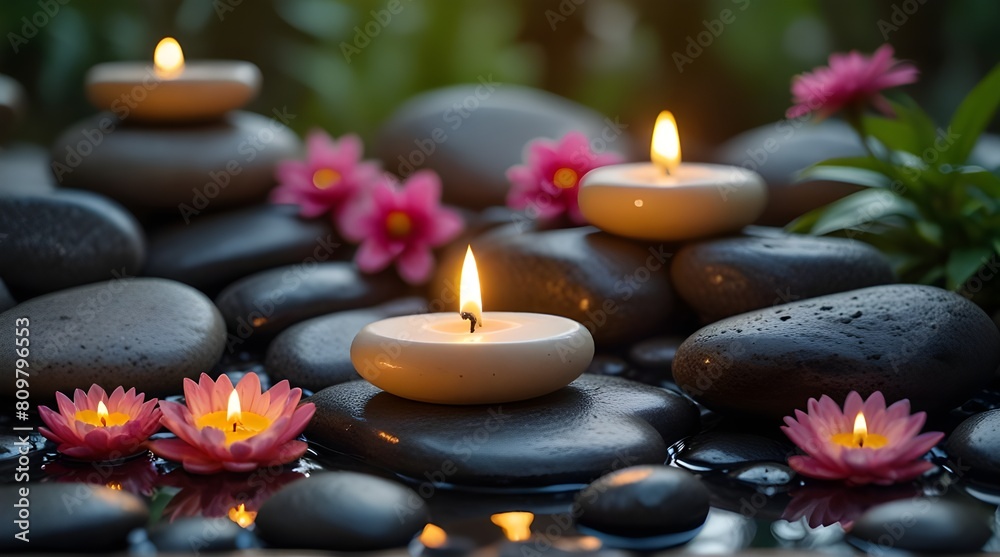 Banner spa stones in garden with flow water candles.generative.ai Banner spa stones in garden with flow water candles.generative.ai