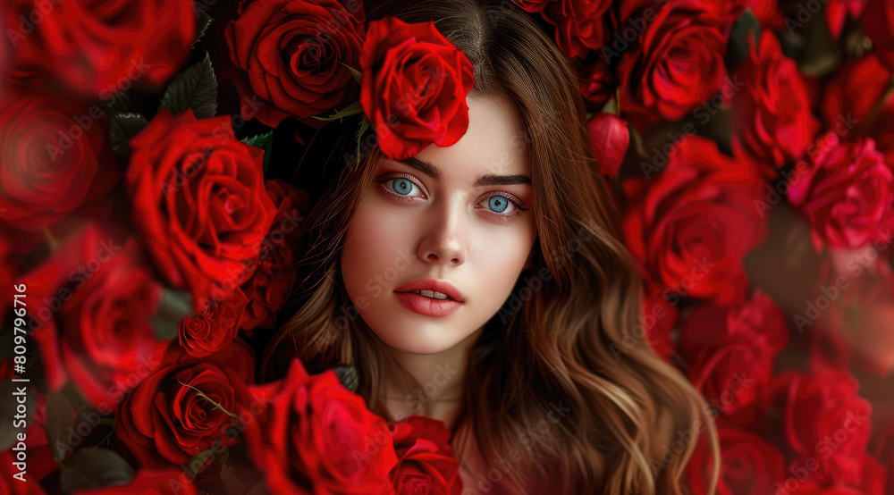 beautiful woman surrounded by red roses, professional photography, beautiful face, blue eyes, long hair, perfect body shape