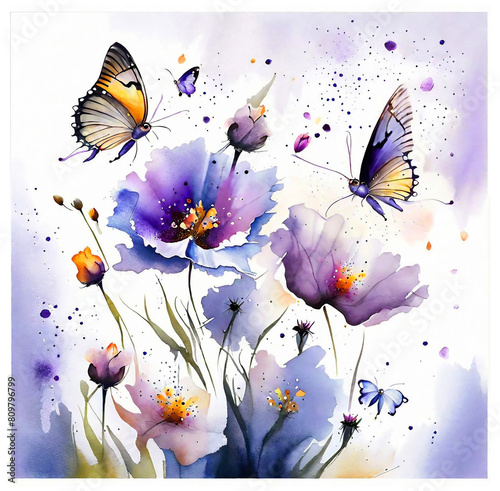 Butterflies and flowers watercolor purple s3