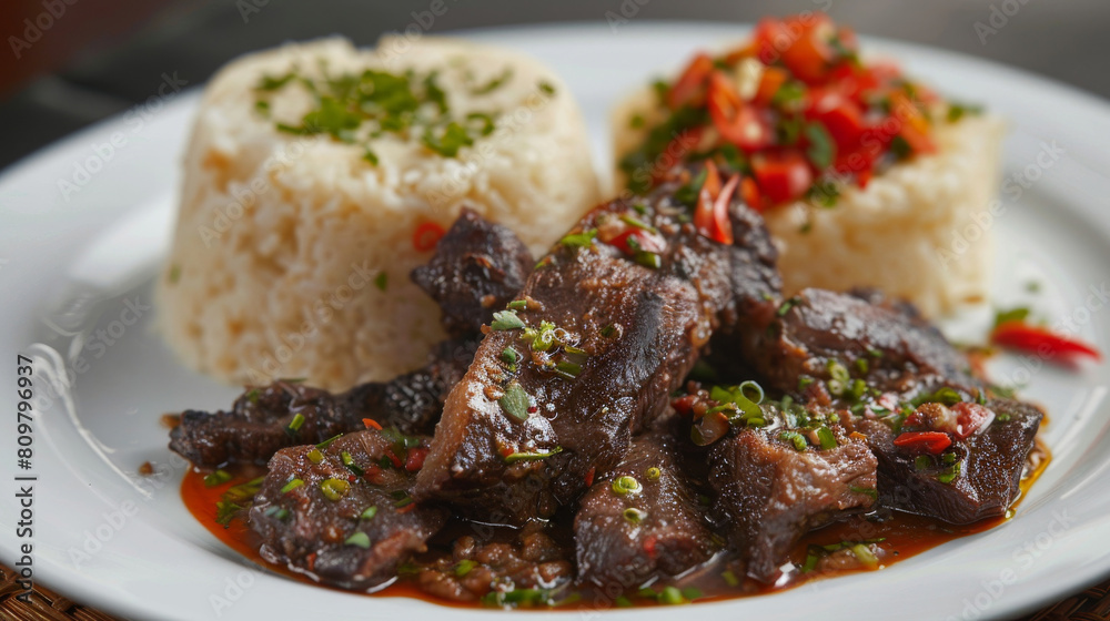 Traditional congolese goat stew with steamed rice, fresh herbs, and spicy chili pepper garnish: a delightful delicacy Traditional congolese goat stew with steamed rice, fresh herbs, and spicy chili pepper garnish: a delightful delicacy