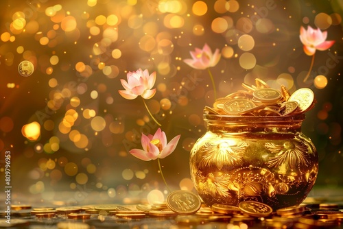 golden jar full of golden coins with flying golden lotuses around, golden bokeh akshaya tritiya photo