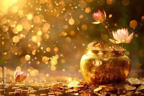 golden jar full of golden coins with flying golden lotuses around, golden bokeh akshaya tritiya © World of AI