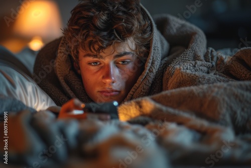 Intimate scene of a teenager wrapped in a cozy blanket while using a smartphone illuminated by a warm glow © Larisa AI