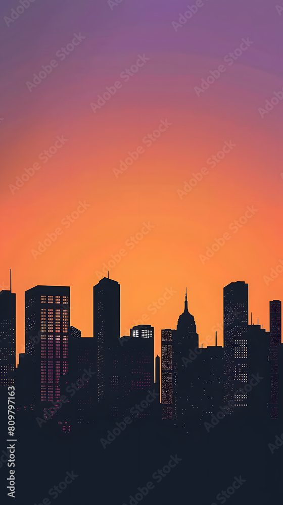 Modern Urban City Skyline at Sunset Vector Illustration with Silhouetted Skyscrapers and Vibrant Gradient Sky