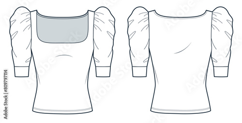 Square Neck Top technical fashion illustration. Half Sleeve T-Shirt fashion flat technical drawing template, puff sleeve, slim fit, front and back view, white color, women Top CAD mockup set.