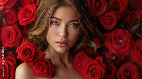 beautiful woman surrounded by red roses, professional photography, beautiful face, blue eyes, long hair, perfect body shape