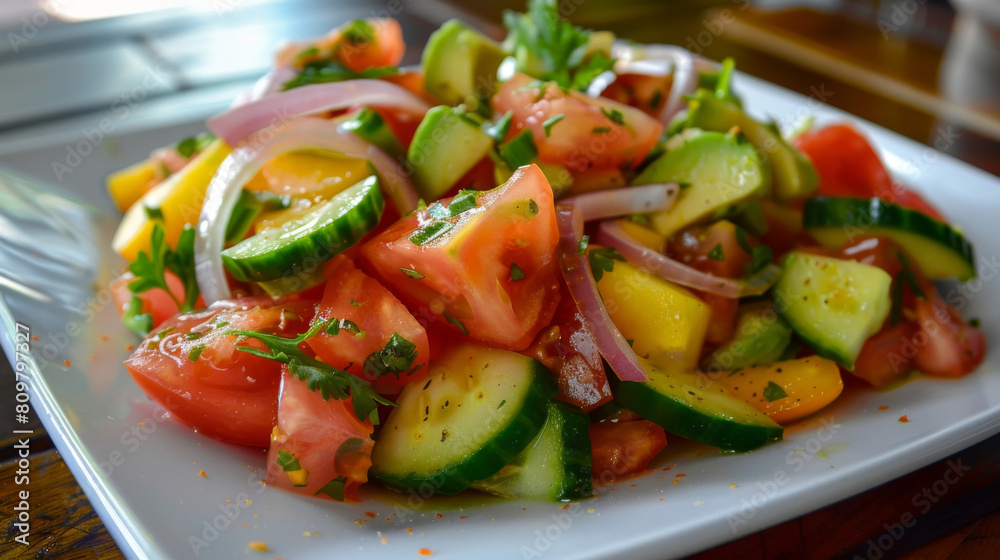 Colorful congolese salad with ripe tomatoes, cucumbers, onions, and fresh herbs, a nutritious dish from central africa Colorful congolese salad with ripe tomatoes, cucumbers, onions, and fresh herbs, a nutritious dish from central africa