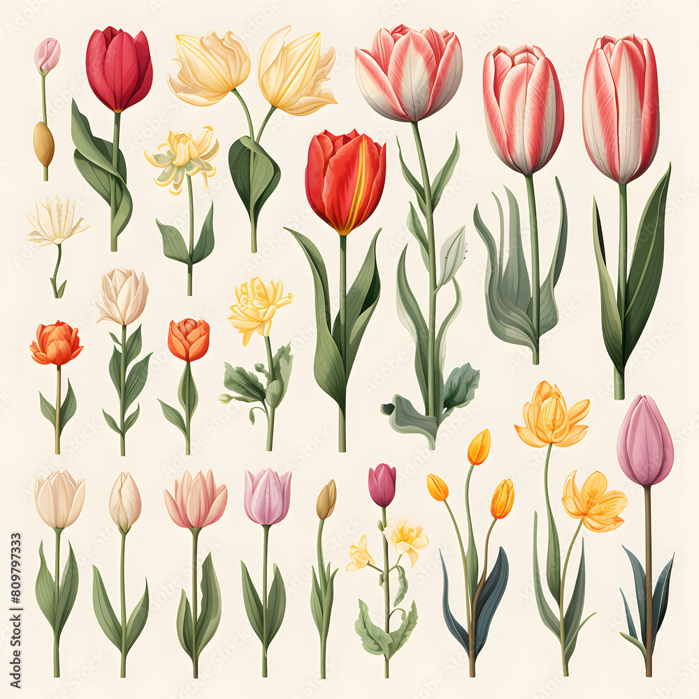 Set of Tulips flower, leaf, plant and flower, watercolor illustration. Set of Tulips flower, leaf, plant and flower, watercolor illustration.