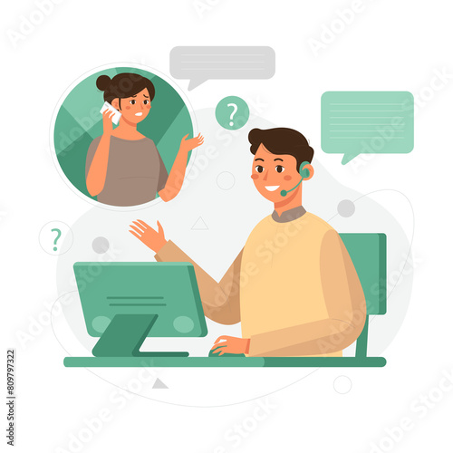 Customer service. Woman with headphones and microphone with laptop. Concept illustration for support, assistance, call center. Vector illustration in flat style