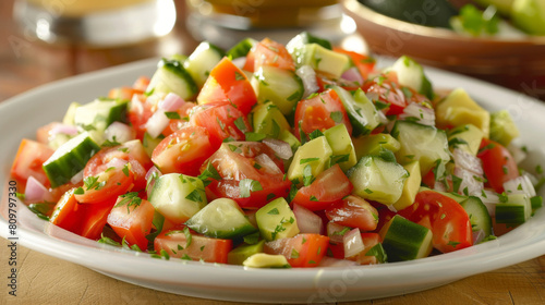 Fresh and vibrant traditional congo cuisine salad with diced tomatoes  cucumbers  onions  and herbs served in a white plate